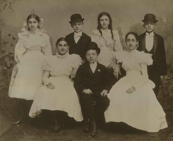 Photograph of the 1901 confirmation class of Tree of Life Congregation in Pittsburgh. Shows four girls and three boys in formal wear. 